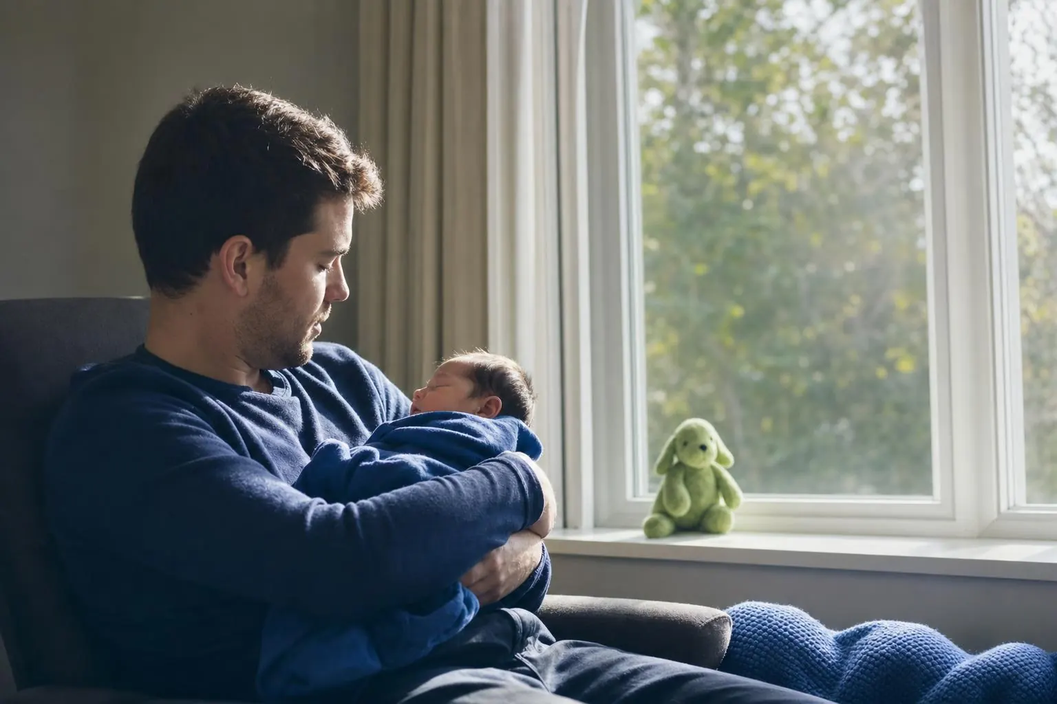 Parent holding a newborn by a bright window