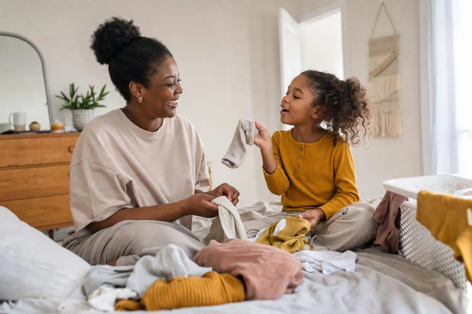 A mother and daughter laughing together while folding laundry on a bed